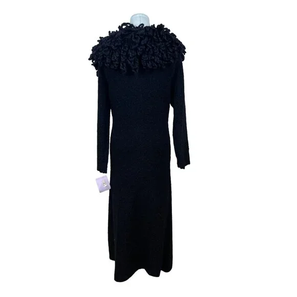Halukoko Womens Black Ramie/Acrylic Long Coat With Textured Collar Size L - New - Picture 3 of 9